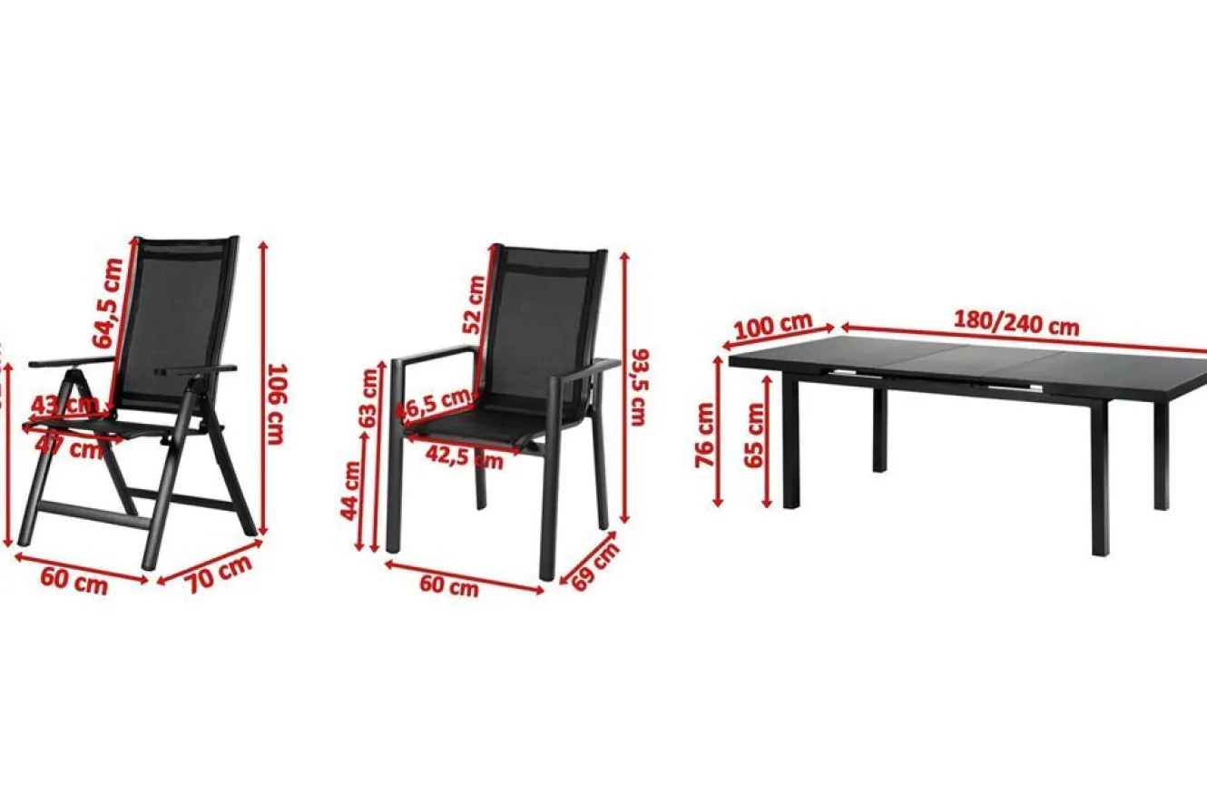 OUTFLEXX Premium Garten-Essgruppe, 8 Personen, ausziehbarer Tisch 180–240 cm, Alu/Textilene, 6 Stapel- 2 Klappstühle