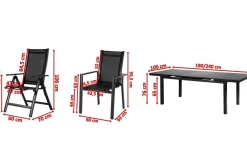 OUTFLEXX Premium Garten-Essgruppe, 8 Personen, ausziehbarer Tisch 180–240 cm, Alu/Textilene, 6 Stapel- 2 Klappstühle