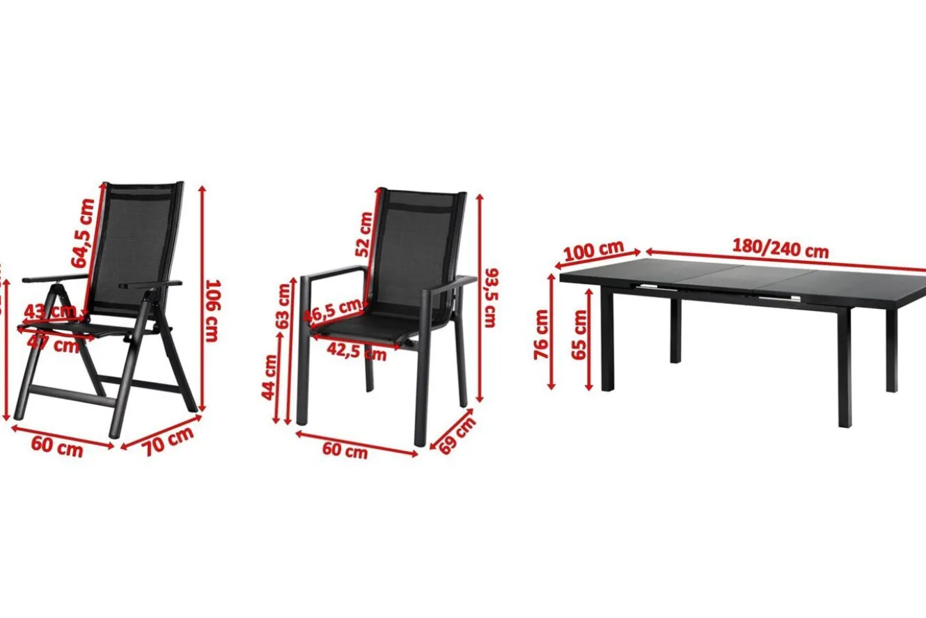 OUTFLEXX Premium Garten-Essgruppe, 8 Personen, ausziehbarer Tisch 180–240 cm, Alu/Textilene, 6 Stapel- 2 Klappstühle