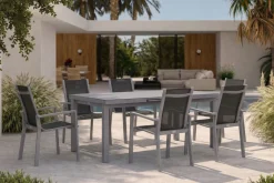 OUTFLEXX Premium Garten-Essgruppe, silber/grau, Alu/Textilene, Ausziehtisch 180/240 x 100 cm, 6 Stapelsessel