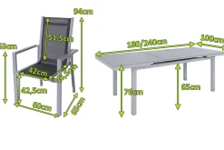 OUTFLEXX Premium Garten-Essgruppe, silber/grau, Alu/Textilene, Ausziehtisch 180/240 x 100 cm, 6 Stapelsessel