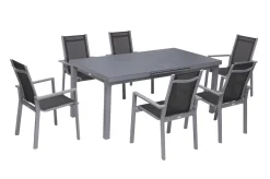 OUTFLEXX Premium Garten-Essgruppe, silber/grau, Alu/Textilene, Ausziehtisch 180/240 x 100 cm, 6 Stapelsessel