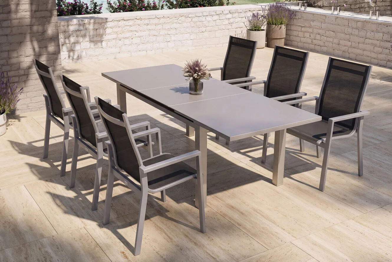 OUTFLEXX Premium Garten-Essgruppe, silber/grau, Alu/Textilene, Ausziehtisch 180/240 x 100 cm, 6 Stapelsessel