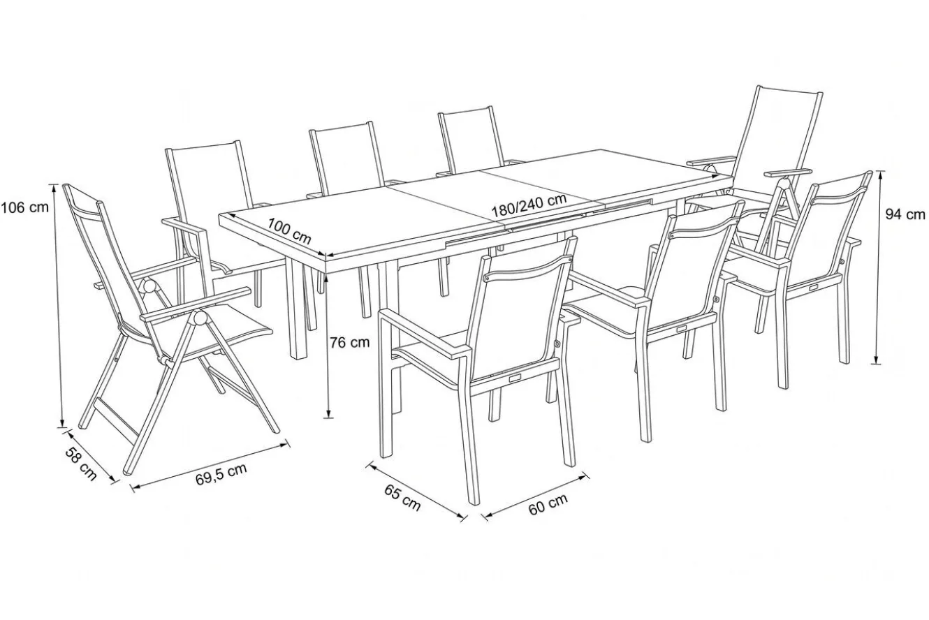 OUTFLEXX Premium Garten-Essgruppe, silber/grau, Alu/Textilene, Ausziehtisch 180/240 x 100 cm, 6 Stapel-, 2 Klappstühle