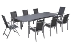 OUTFLEXX Premium Garten-Essgruppe, silber/grau, Alu/Textilene, Ausziehtisch 180/240 x 100 cm, 6 Stapel-, 2 Klappstühle