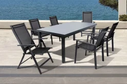 OUTFLEXX Premium Garten-Essgruppe, OUTFLEXX® anthrazit matt, Alu/Textilene, Tisch 180/240x100cm, 4 Stapel-, 2 Klappstühle