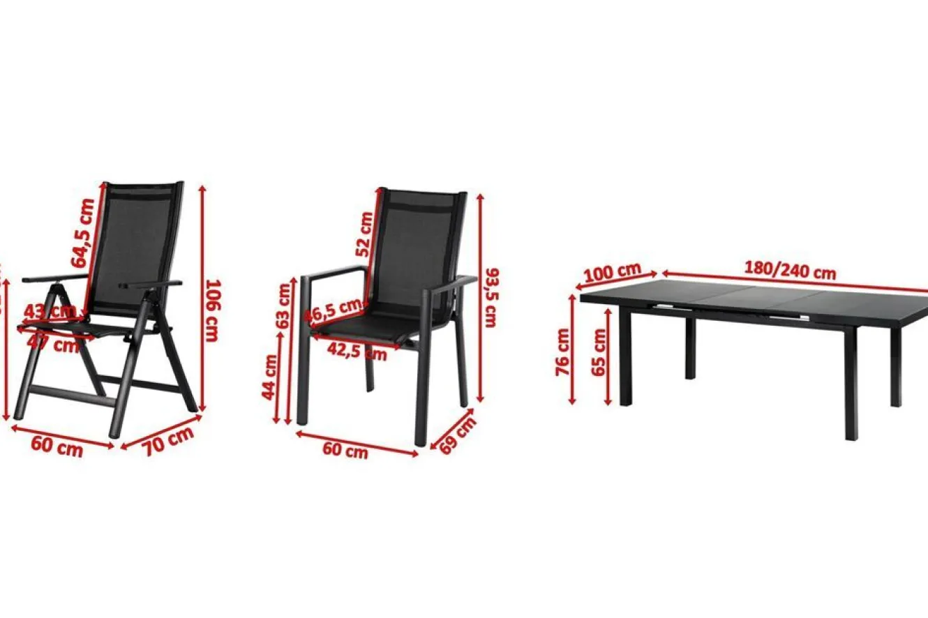 OUTFLEXX Premium Garten-Essgruppe, OUTFLEXX® anthrazit matt, Alu/Textilene, Tisch 180/240x100cm, 4 Stapel-, 2 Klappstühle