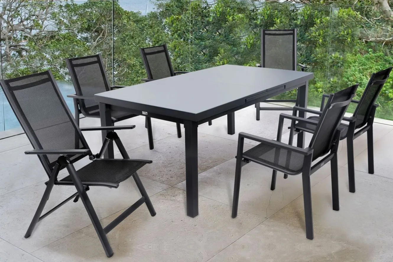 OUTFLEXX Premium Garten-Essgruppe, OUTFLEXX® anthrazit matt, Alu/Textilene, Tisch 180/240x100cm, 4 Stapel-, 2 Klappstühle