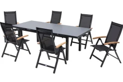 OUTFLEXX Premium Garten-Essgruppe, OUTFLEXX® anthrazit matt, Alu / Glas / Teak, Tisch 180/240x100cm, 6 Klappstühle