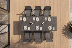 OUTFLEXX Premium Garten-Essgruppe, anthrazit/grau, Alu / Spraystone / Textilene, Tisch 160/260 x 100 cm, 6 Klappstühle