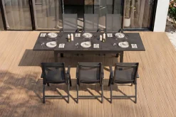 OUTFLEXX Premium Garten-Essgruppe, anthrazit/grau, Alu / Spraystone / Textilene, Tisch 160/260 x 100 cm, 6 Klappstühle