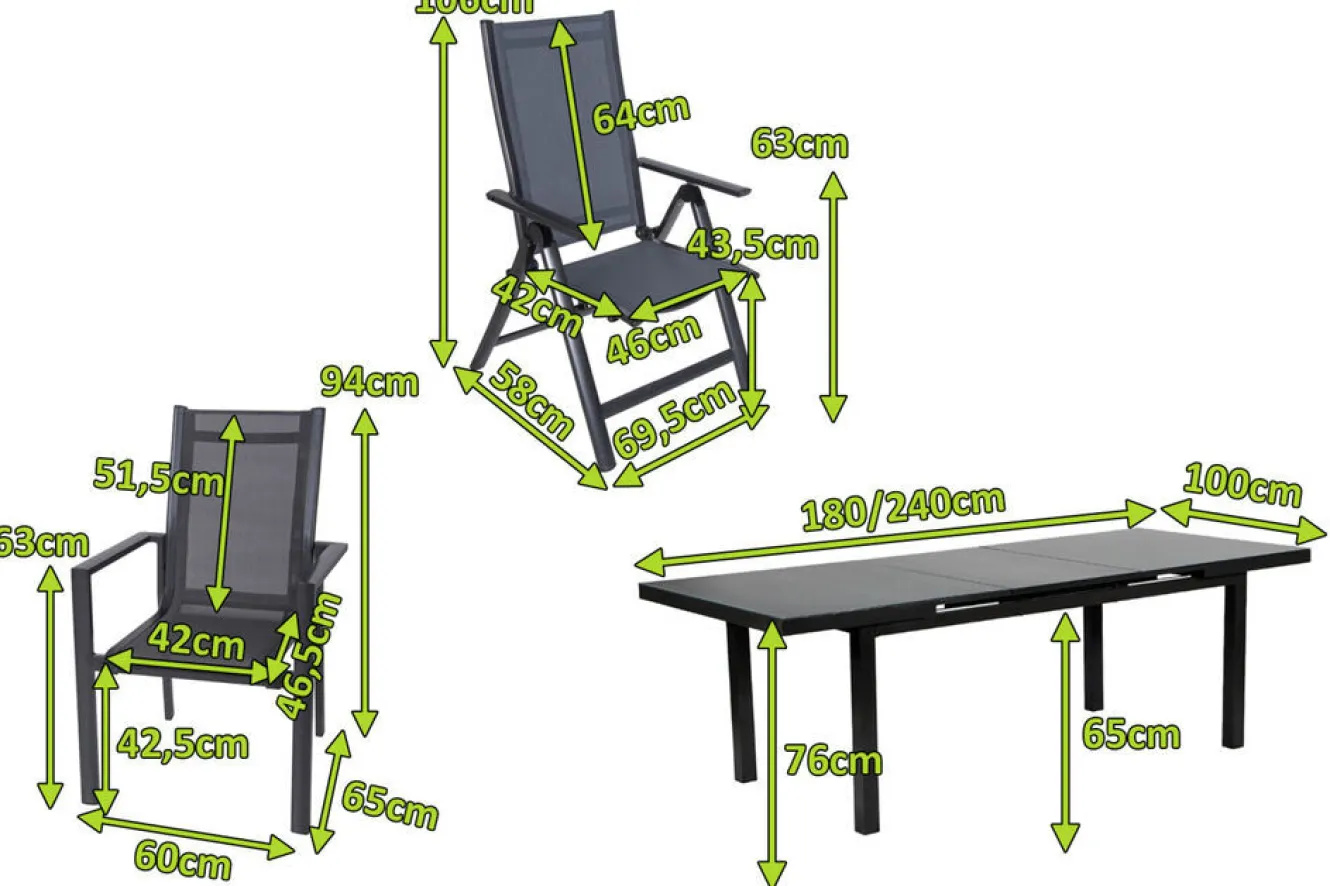 OUTFLEXX Premium Garten-Essgruppe, anthrazit/grau, Alu/Textilene, Ausziehtisch 180/240x100cm, 4 Stapel-, 2 Klappstühle