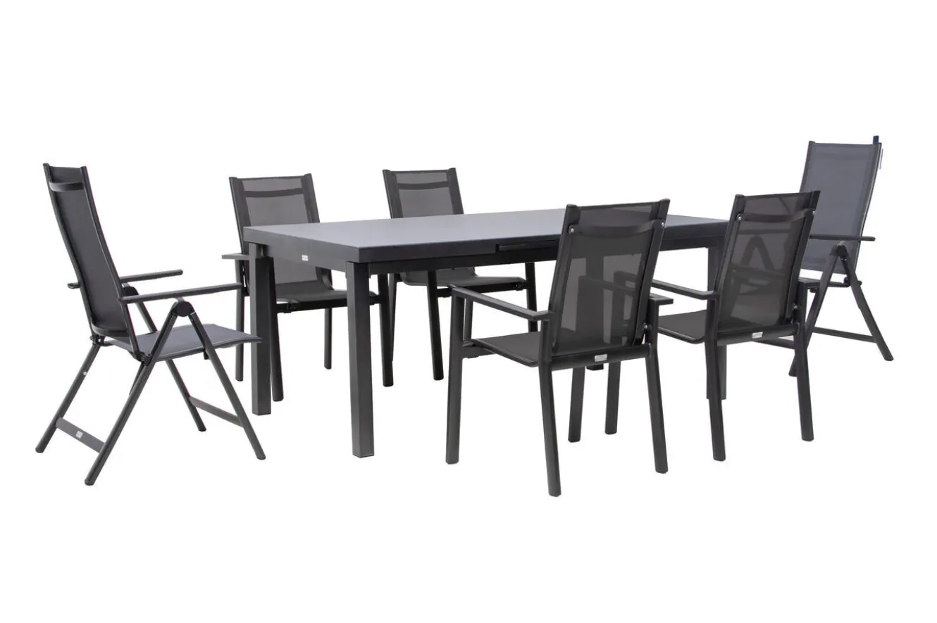 OUTFLEXX Premium Garten-Essgruppe, anthrazit/grau, Alu/Textilene, Ausziehtisch 180/240x100cm, 4 Stapel-, 2 Klappstühle