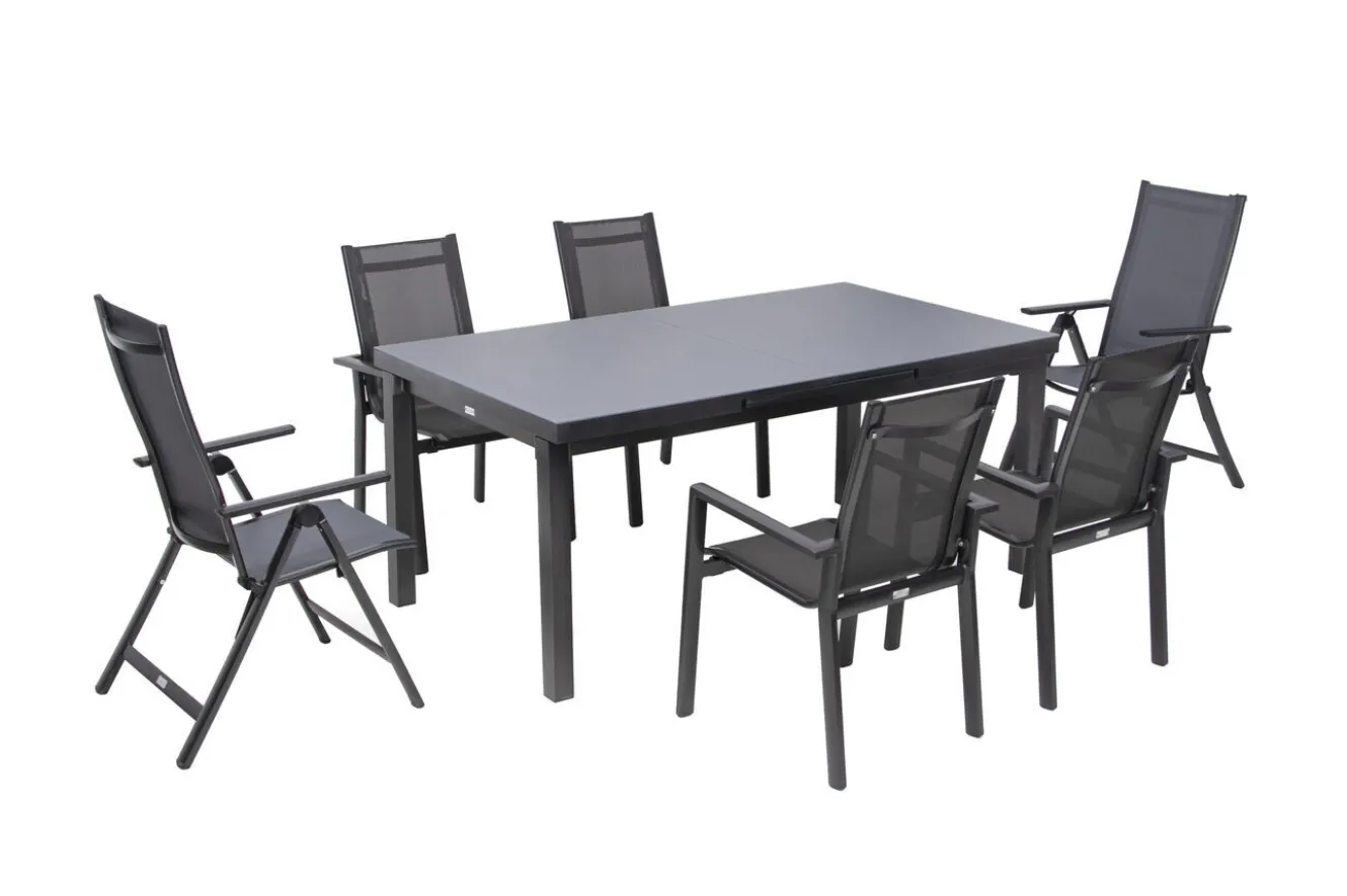 OUTFLEXX Premium Garten-Essgruppe, anthrazit/grau, Alu/Textilene, Ausziehtisch 180/240x100cm, 4 Stapel-, 2 Klappstühle
