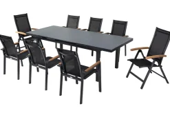 OUTFLEXX Premium Garten-Essgruppe, OUTFLEXX® anthrazit matt, Alu / Glas / Teak, Tisch 180/240 x 100cm, 6 Stapelsessel, 2 Klappstühle
