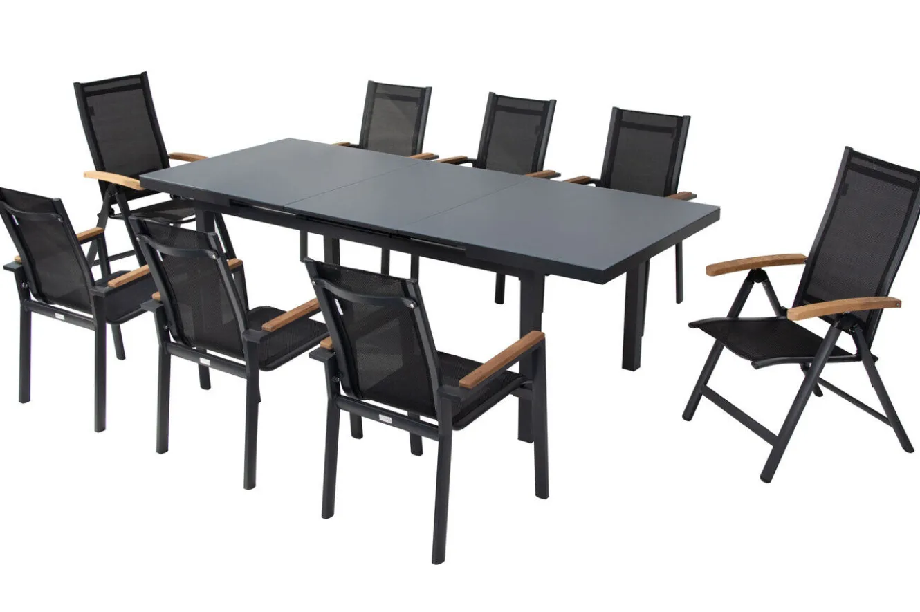 OUTFLEXX Premium Garten-Essgruppe, OUTFLEXX® anthrazit matt, Alu / Glas / Teak, Tisch 180/240 x 100cm, 6 Stapelsessel, 2 Klappstühle
