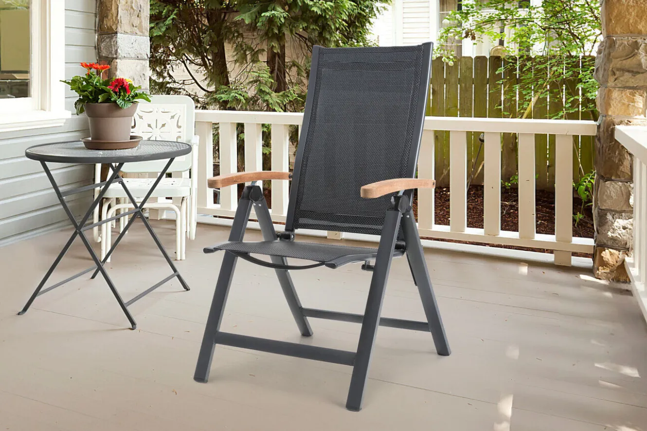 OUTFLEXX Premium Garten-Essgruppe, OUTFLEXX® anthrazit matt, Alu / Glas / Teak, Tisch 180/240 x 100cm, 6 Stapelsessel, 2 Klappstühle