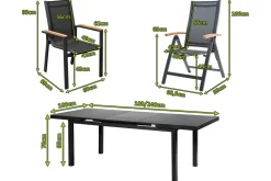 OUTFLEXX Premium Garten-Essgruppe, OUTFLEXX® anthrazit matt, Alu / Glas / Teak, Tisch 180/240 x 100cm, 6 Stapelsessel, 2 Klappstühle