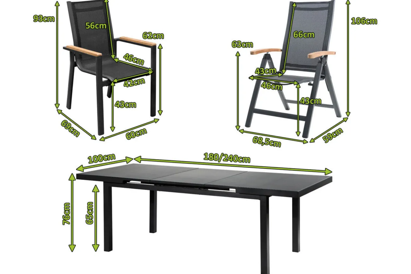 OUTFLEXX Premium Garten-Essgruppe, OUTFLEXX® anthrazit matt, Alu / Glas / Teak, Tisch 180/240 x 100cm, 6 Stapelsessel, 2 Klappstühle
