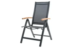 OUTFLEXX Premium Garten-Essgruppe, OUTFLEXX® anthrazit matt, Alu / Glas / Teak, Tisch 180/240 x 100cm, 6 Stapelsessel, 2 Klappstühle