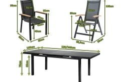 OUTFLEXX Premium Garten-Essgruppe, OUTFLEXX® anthrazit matt, Alu / Glas / Teak, Tisch 180/240 x 100cm, 6 Stapelsessel, 2 Klappstühle