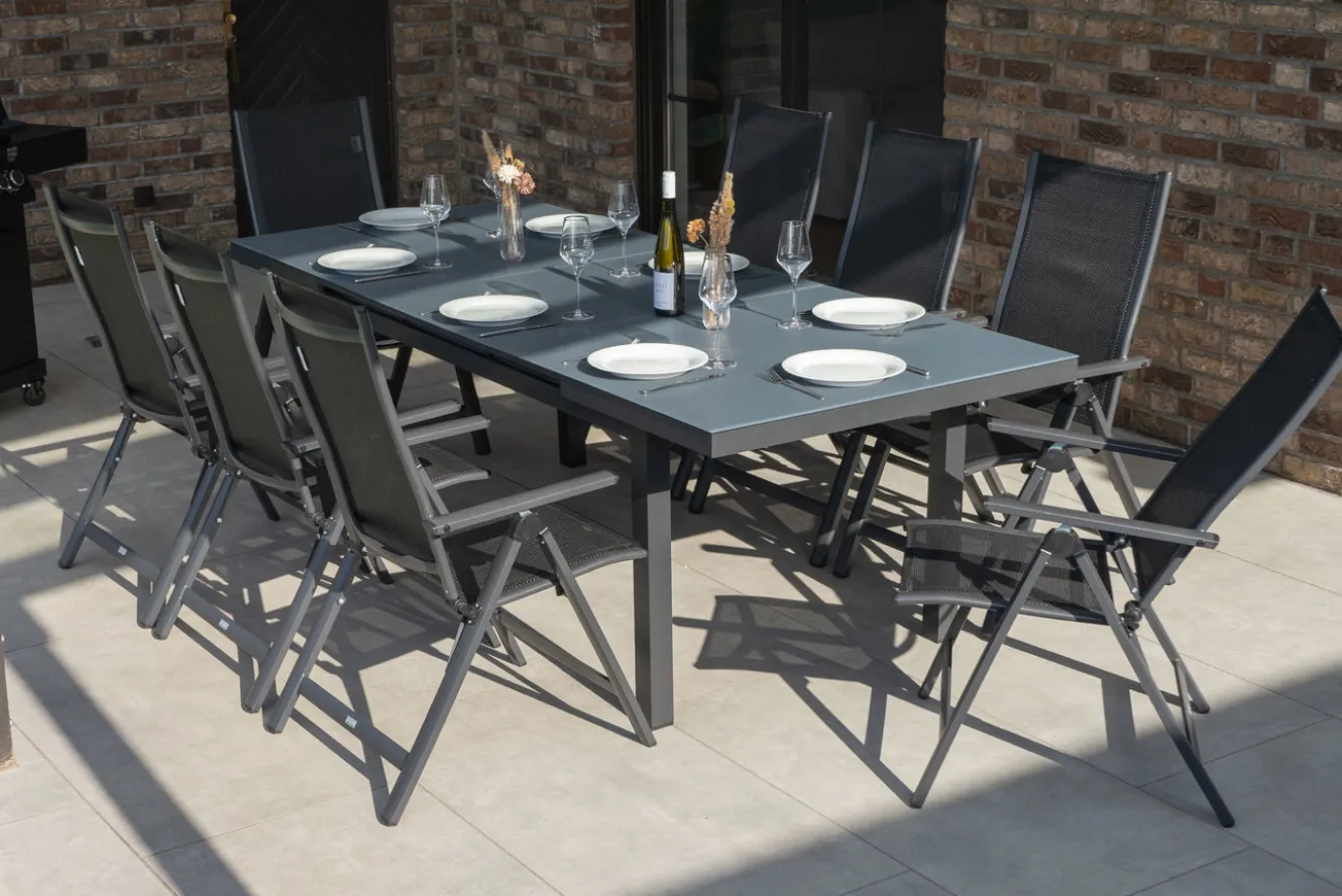 OUTFLEXX Premium Garten-Essgruppe, 8 Personen, ausziehbarer Tisch 180–240 cm, Aluminium/Textilene