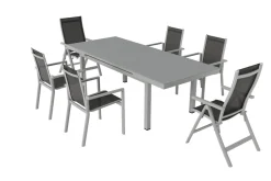 OUTFLEXX Premium Garten-Essgruppe, silber/grau, Alu/Textilene, Ausziehtisch 180/240 x 100 cm, 4 Stapel-, 2 Klappstühle