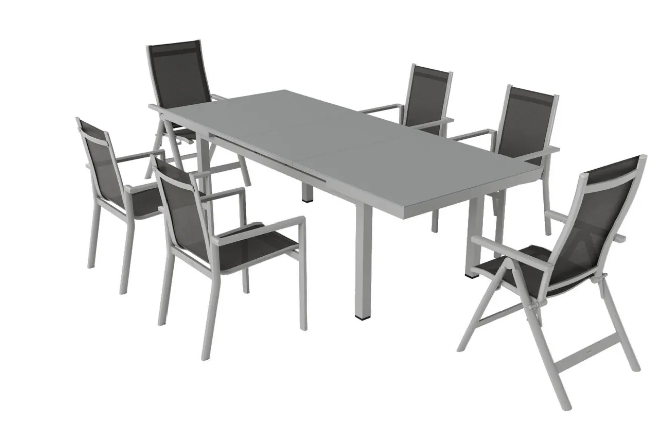 OUTFLEXX Premium Garten-Essgruppe, silber/grau, Alu/Textilene, Ausziehtisch 180/240 x 100 cm, 4 Stapel-, 2 Klappstühle
