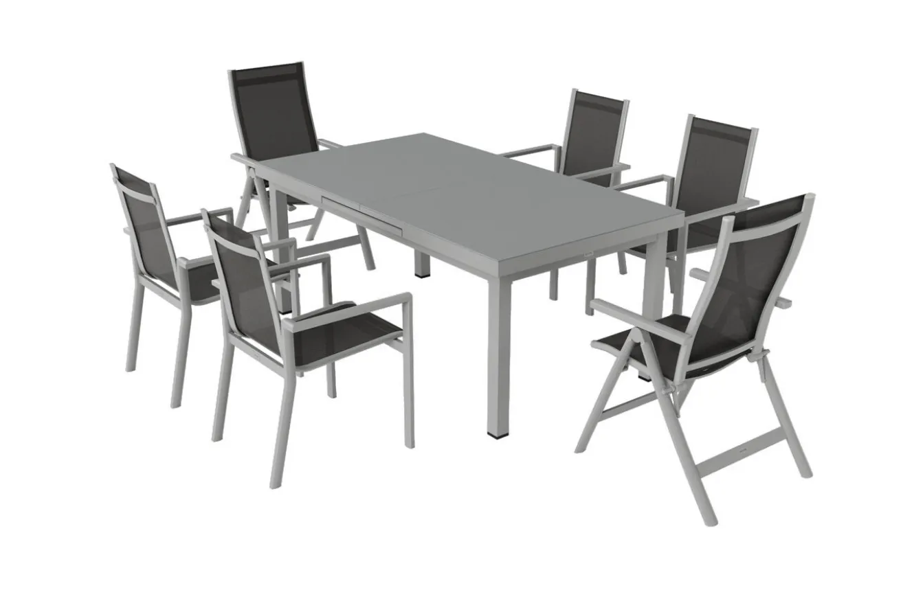 OUTFLEXX Premium Garten-Essgruppe, silber/grau, Alu/Textilene, Ausziehtisch 180/240 x 100 cm, 4 Stapel-, 2 Klappstühle