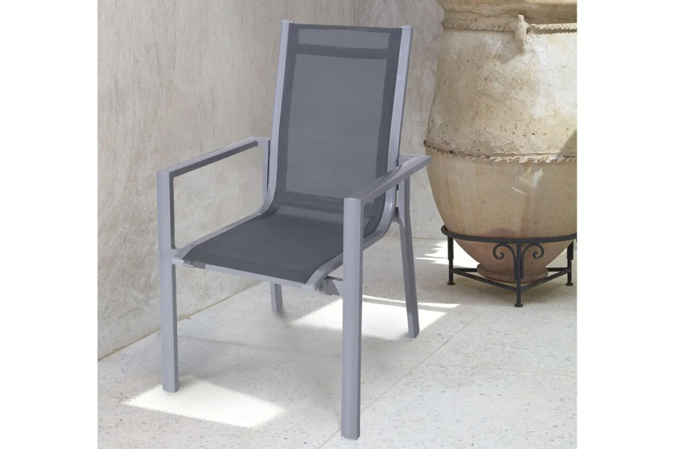 OUTFLEXX Premium Garten-Essgruppe, silber/grau, Alu/Textilene, Ausziehtisch 180/240 x 100 cm, 4 Stapel-, 2 Klappstühle