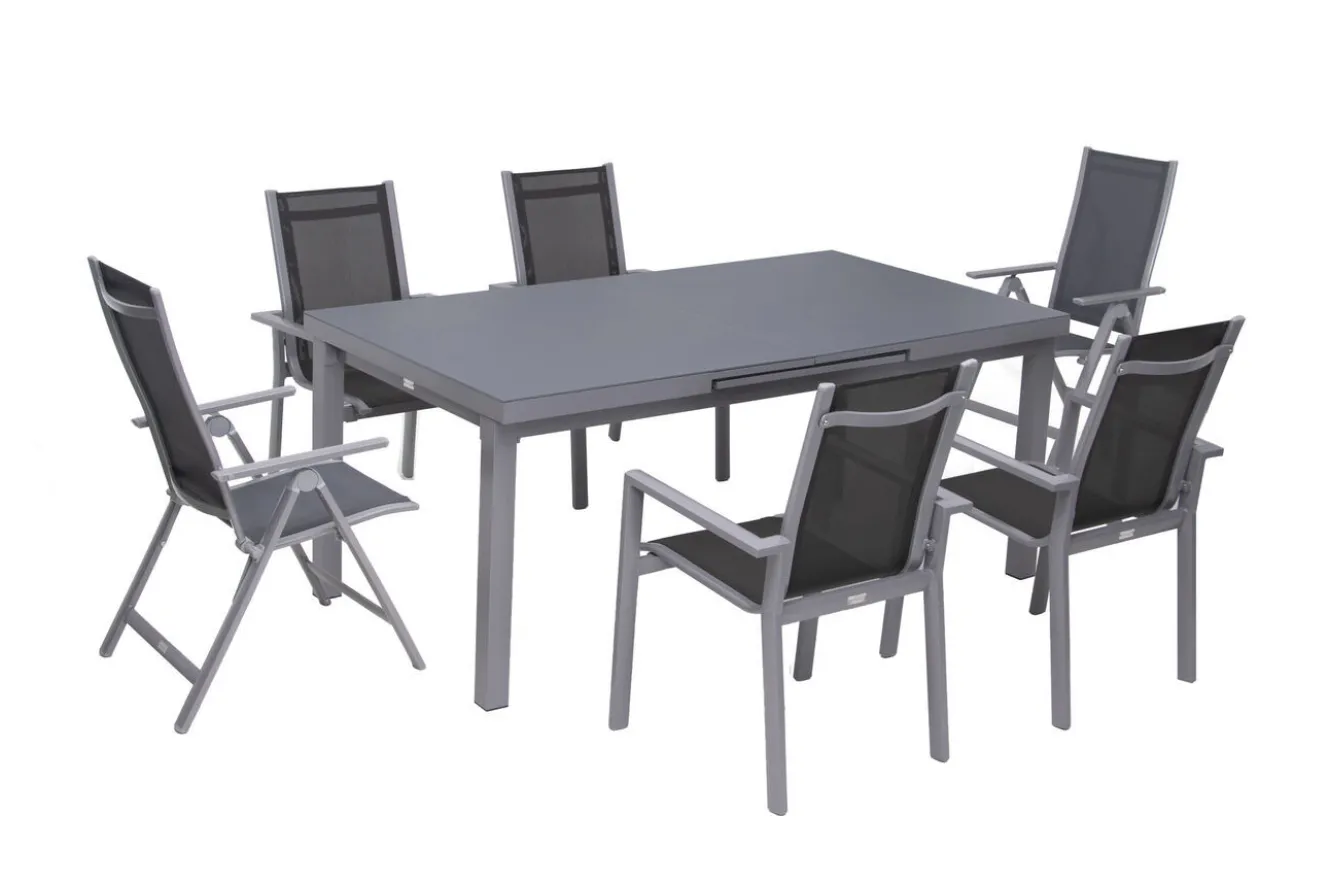 OUTFLEXX Premium Garten-Essgruppe, silber/grau, Alu/Textilene, Ausziehtisch 180/240 x 100 cm, 4 Stapel-, 2 Klappstühle