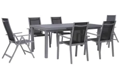 OUTFLEXX Premium Garten-Essgruppe, silber/grau, Alu/Textilene, Ausziehtisch 180/240 x 100 cm, 4 Stapel-, 2 Klappstühle