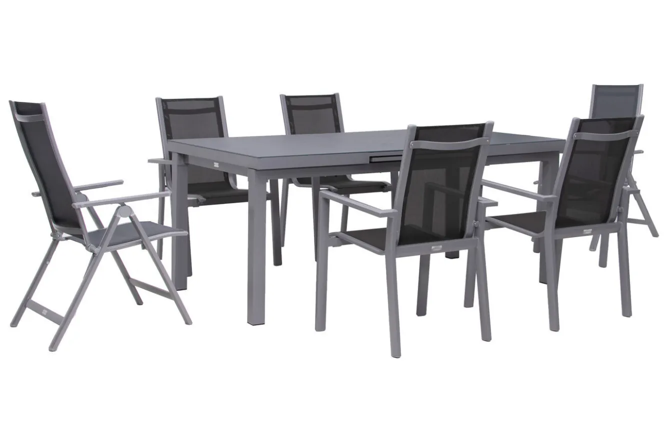 OUTFLEXX Premium Garten-Essgruppe, silber/grau, Alu/Textilene, Ausziehtisch 180/240 x 100 cm, 4 Stapel-, 2 Klappstühle