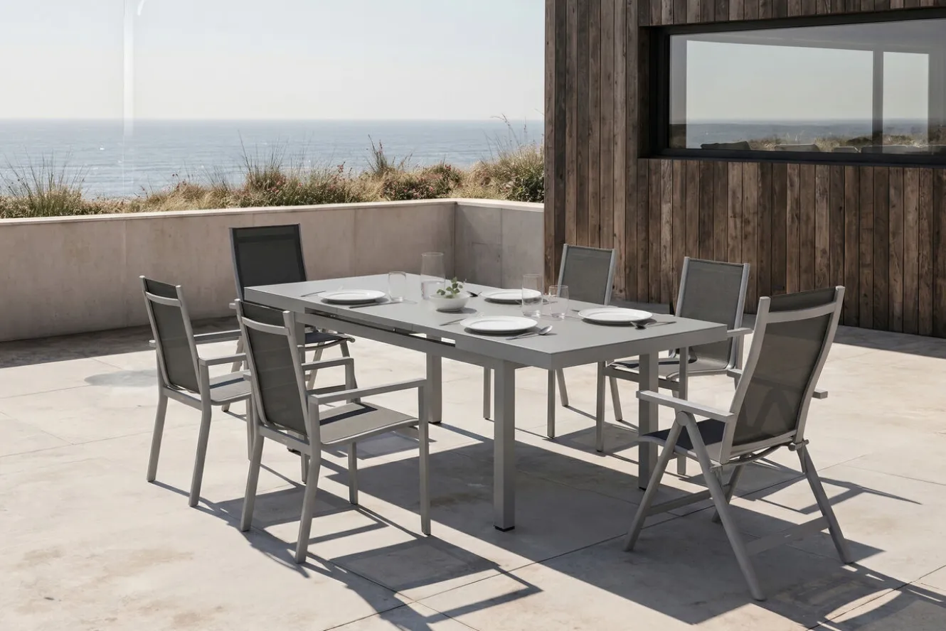 OUTFLEXX Premium Garten-Essgruppe, silber/grau, Alu/Textilene, Ausziehtisch 180/240 x 100 cm, 4 Stapel-, 2 Klappstühle