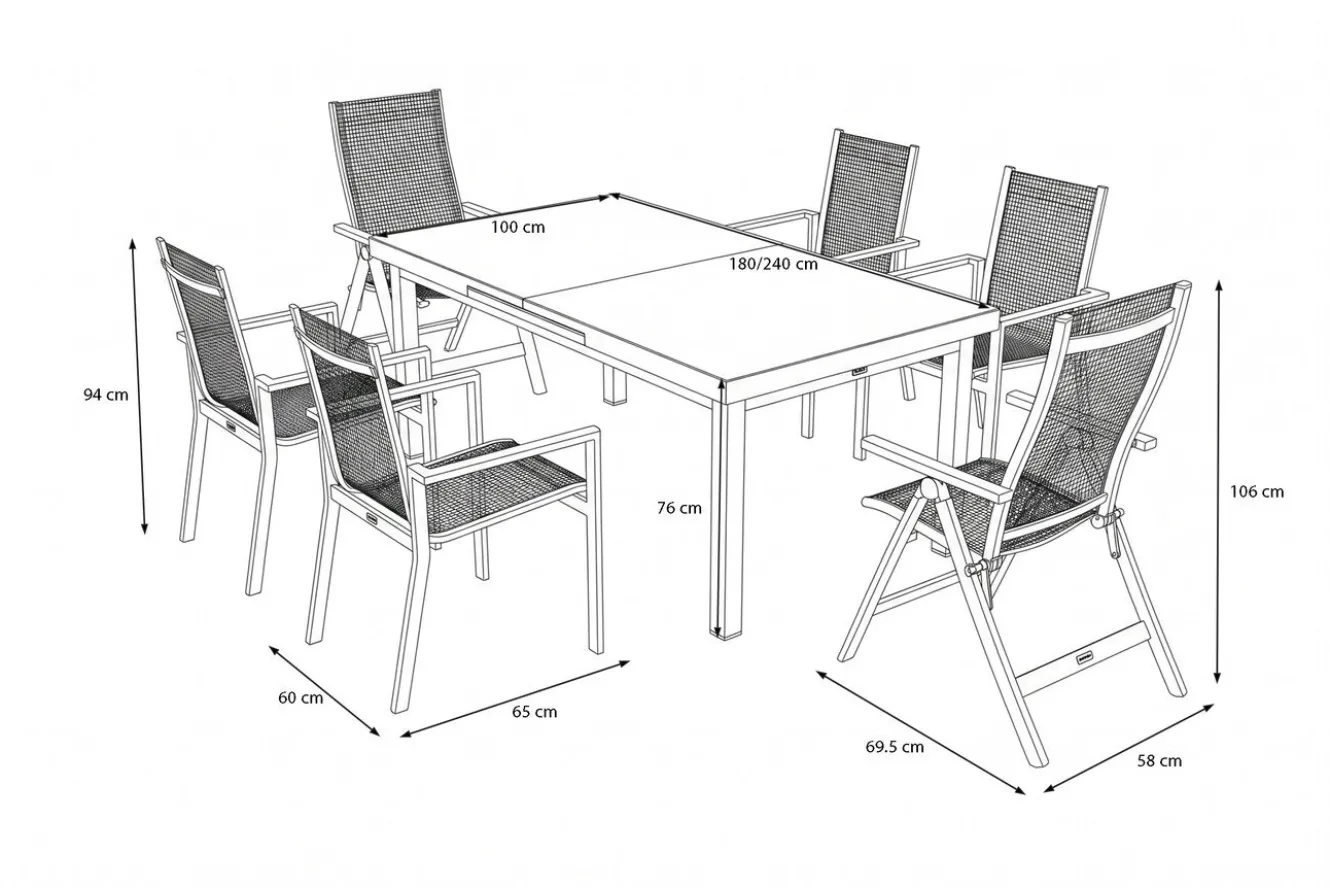 OUTFLEXX Premium Garten-Essgruppe, silber/grau, Alu/Textilene, Ausziehtisch 180/240 x 100 cm, 4 Stapel-, 2 Klappstühle