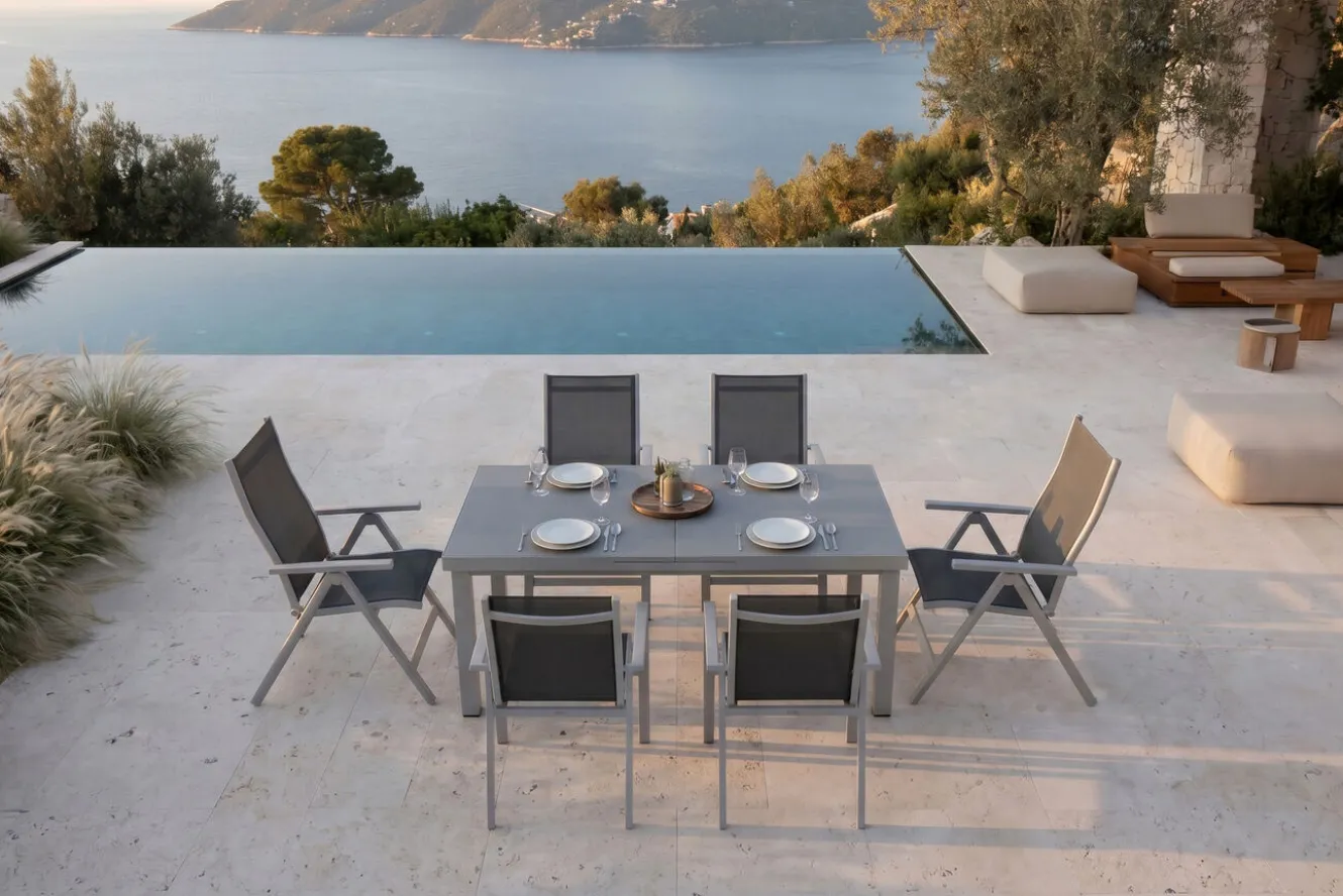 OUTFLEXX Premium Garten-Essgruppe, silber/grau, Alu/Textilene, Ausziehtisch 180/240 x 100 cm, 4 Stapel-, 2 Klappstühle