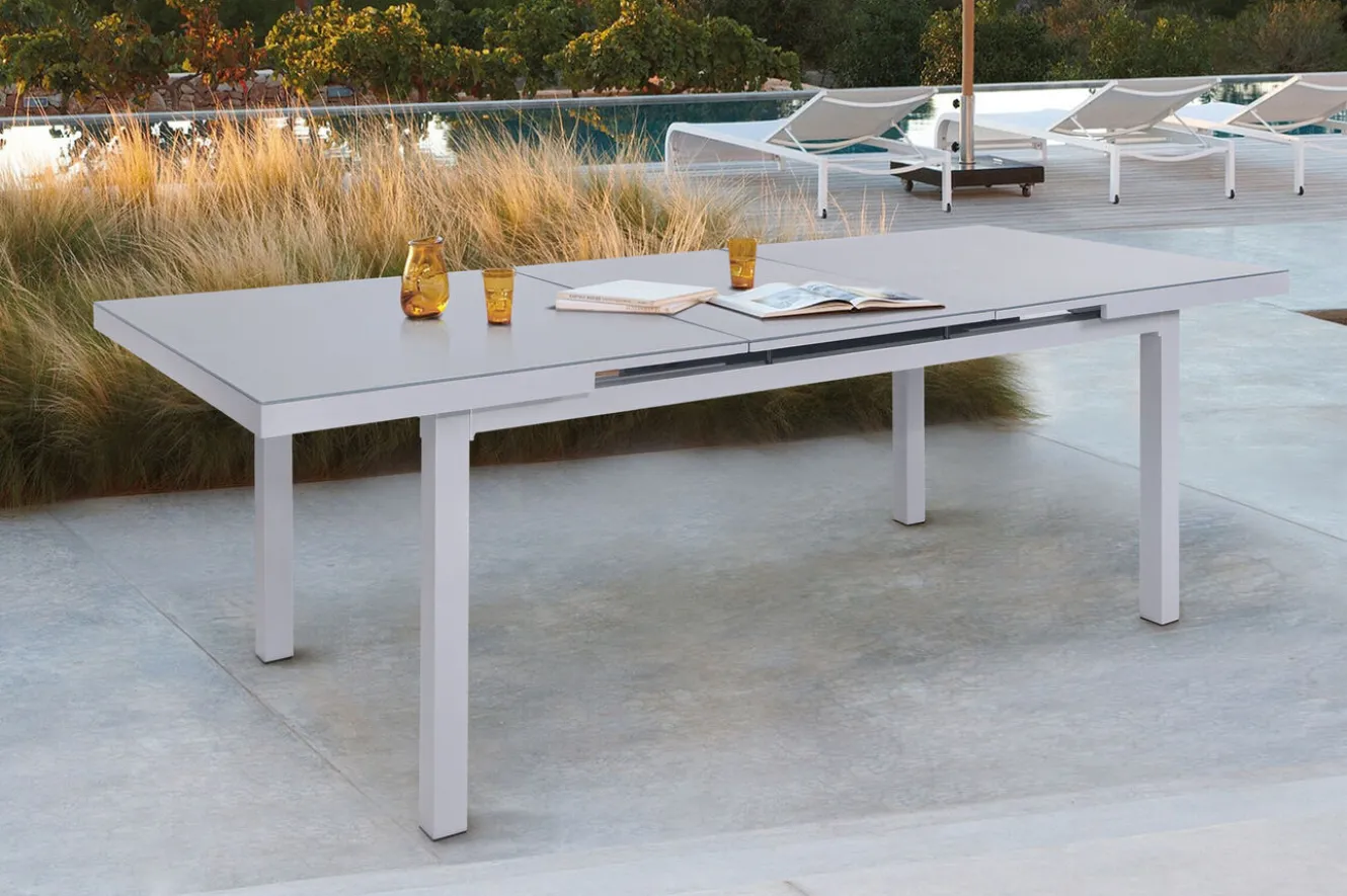 OUTFLEXX Premium Garten-Essgruppe, silber/grau, Alu/Textilene, Ausziehtisch 180/240 x 100 cm, 4 Stapel-, 2 Klappstühle
