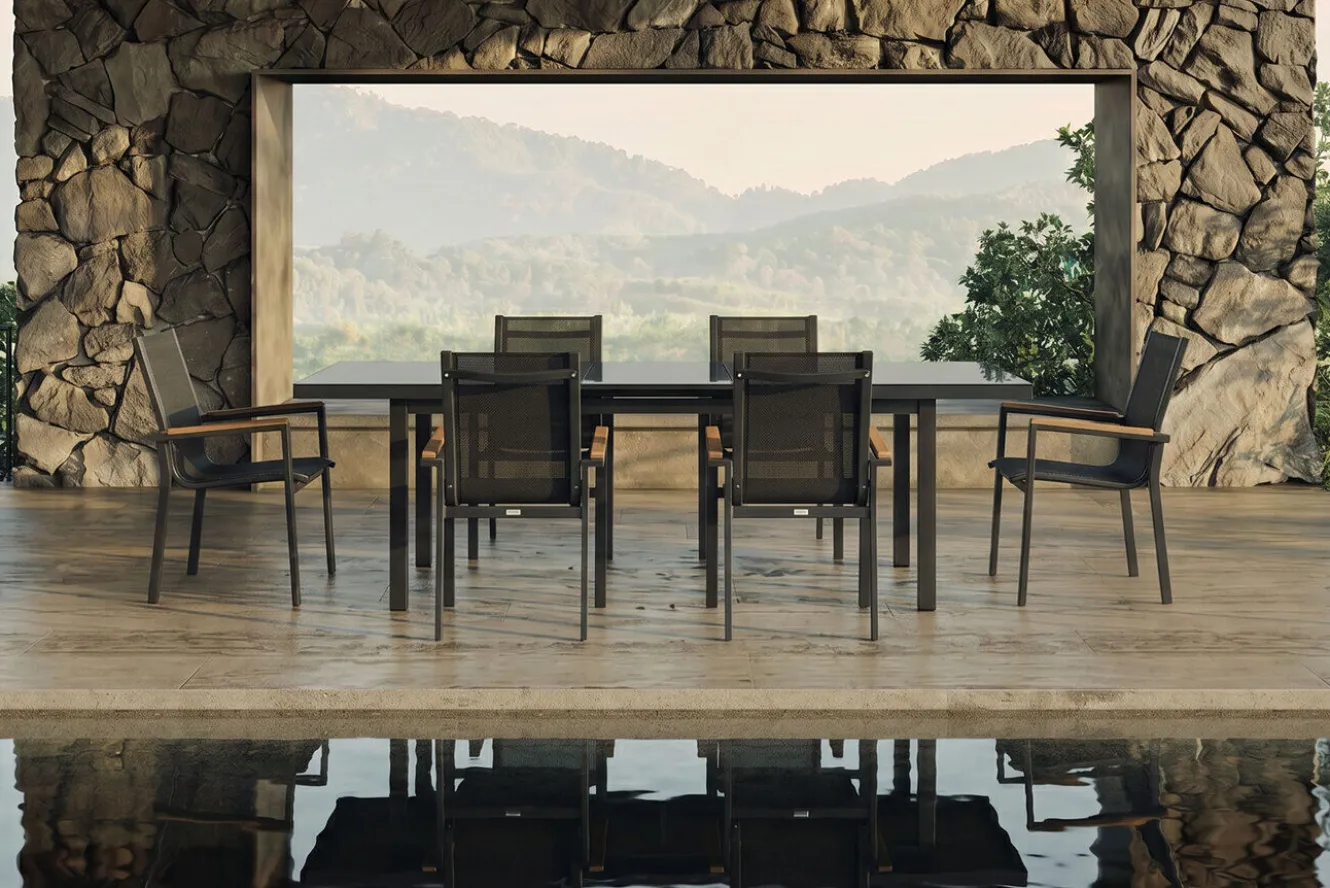 OUTFLEXX Premium Garten-Essgruppe, 6 Personen, ausziehbar, 180-240cm, Alu/Glas/Teak, Stapelsessel