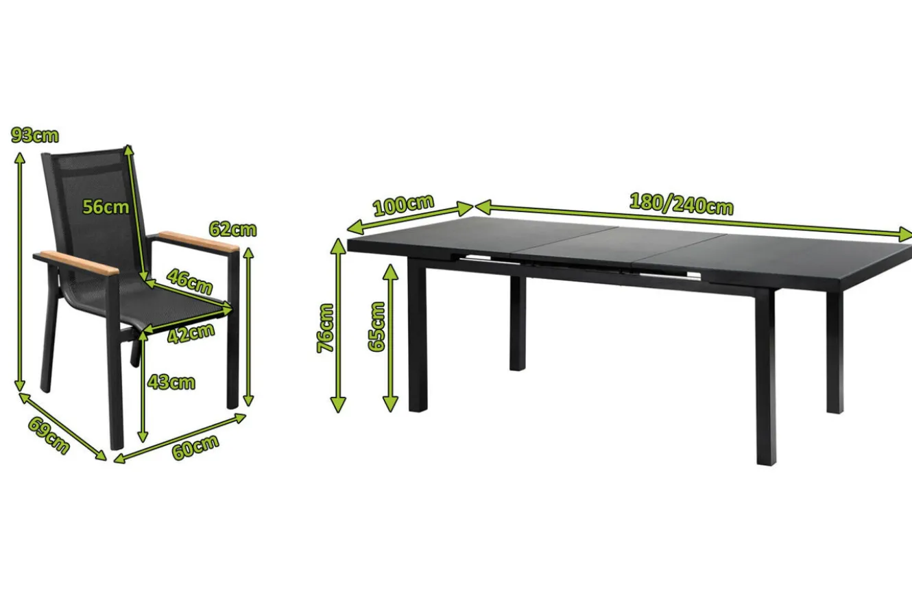 OUTFLEXX Premium Garten-Essgruppe, 6 Personen, ausziehbar, 180-240cm, Alu/Glas/Teak, Stapelsessel