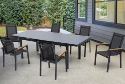 OUTFLEXX Premium Garten-Essgruppe, 6 Personen, ausziehbar, 180-240cm, Alu/Glas/Teak, Stapelsessel