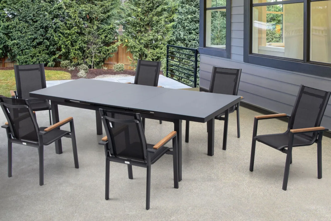 OUTFLEXX Premium Garten-Essgruppe, 6 Personen, ausziehbar, 180-240cm, Alu/Glas/Teak, Stapelsessel