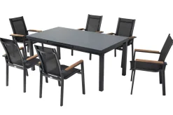 OUTFLEXX Premium Garten-Essgruppe, 6 Personen, ausziehbar, 180-240cm, Alu/Glas/Teak, Stapelsessel
