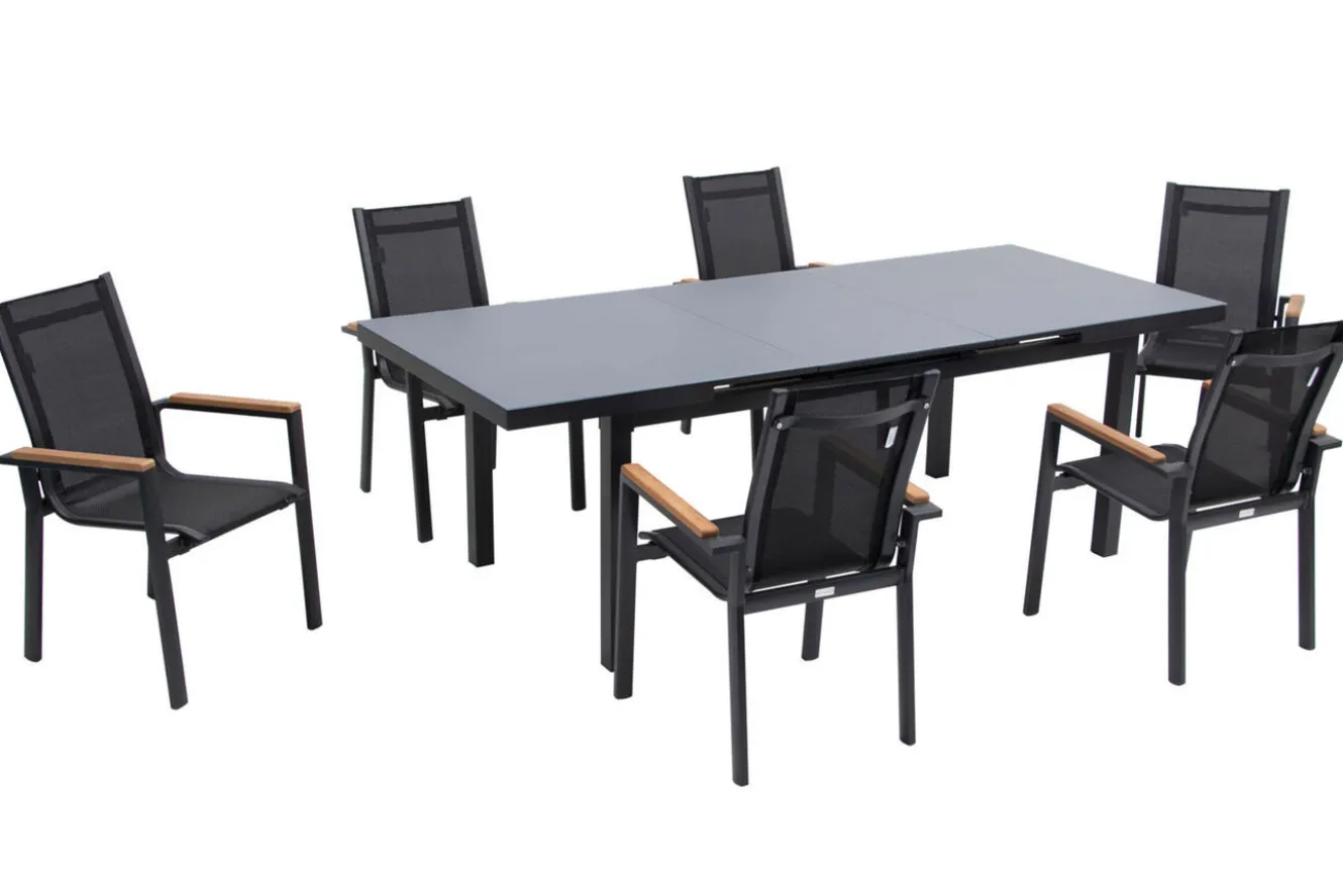 OUTFLEXX Premium Garten-Essgruppe, 6 Personen, ausziehbar, 180-240cm, Alu/Glas/Teak, Stapelsessel