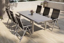 OUTFLEXX Premium Garten-Essgruppe, silber/anthrazit, Alu/Textilene, Ausziehtisch 180/240 x 100 cm, 6 Klappstühle