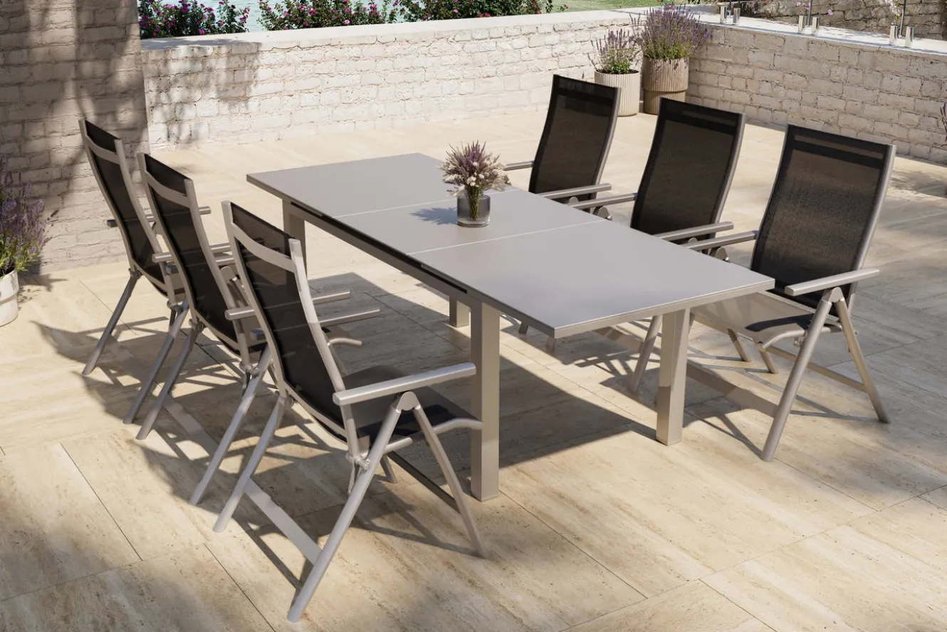 OUTFLEXX Premium Garten-Essgruppe, silber/anthrazit, Alu/Textilene, Ausziehtisch 180/240 x 100 cm, 6 Klappstühle