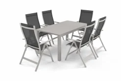 OUTFLEXX Premium Garten-Essgruppe, silber/anthrazit, Alu/Textilene, Ausziehtisch 180/240 x 100 cm, 6 Klappstühle