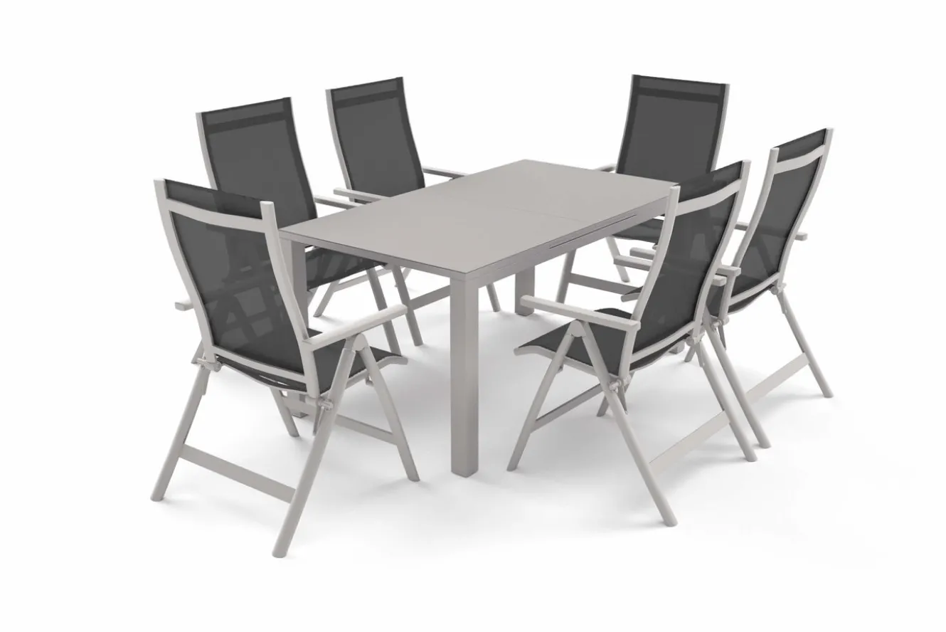 OUTFLEXX Premium Garten-Essgruppe, silber/anthrazit, Alu/Textilene, Ausziehtisch 180/240 x 100 cm, 6 Klappstühle