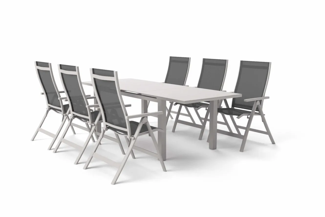OUTFLEXX Premium Garten-Essgruppe, silber/anthrazit, Alu/Textilene, Ausziehtisch 180/240 x 100 cm, 6 Klappstühle