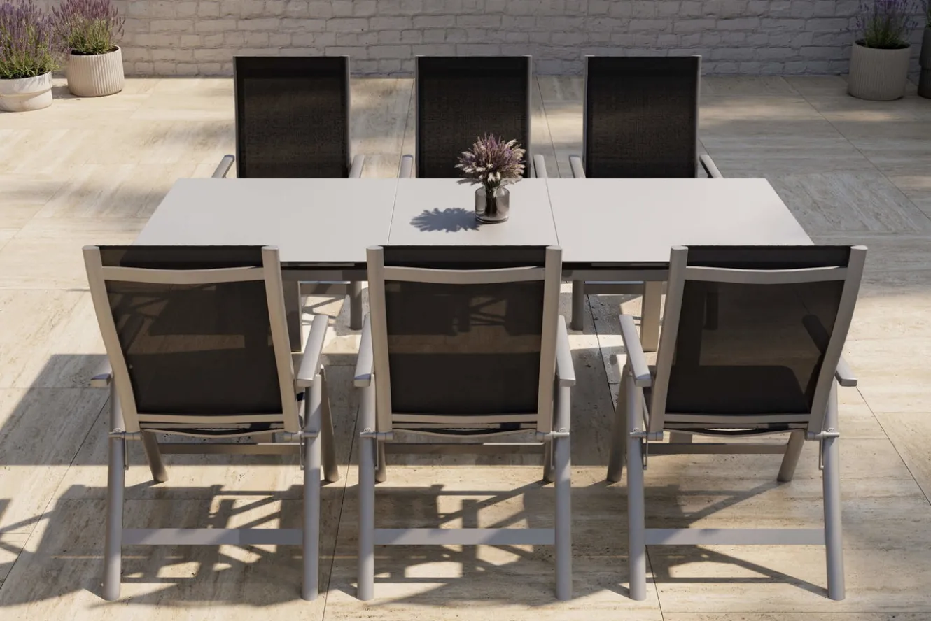 OUTFLEXX Premium Garten-Essgruppe, silber/anthrazit, Alu/Textilene, Ausziehtisch 180/240 x 100 cm, 6 Klappstühle