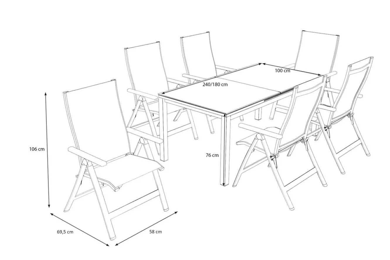 OUTFLEXX Premium Garten-Essgruppe, silber/anthrazit, Alu/Textilene, Ausziehtisch 180/240 x 100 cm, 6 Klappstühle